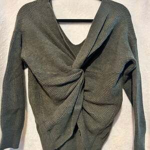 Stitch & Knot Olive Green Twist Knot Back V-Neck Knit Sweater